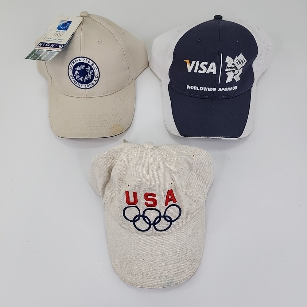 Lot of (3) Olympic Strapback Hats Caps USA‎ Olympia Athens London VISA Preowned